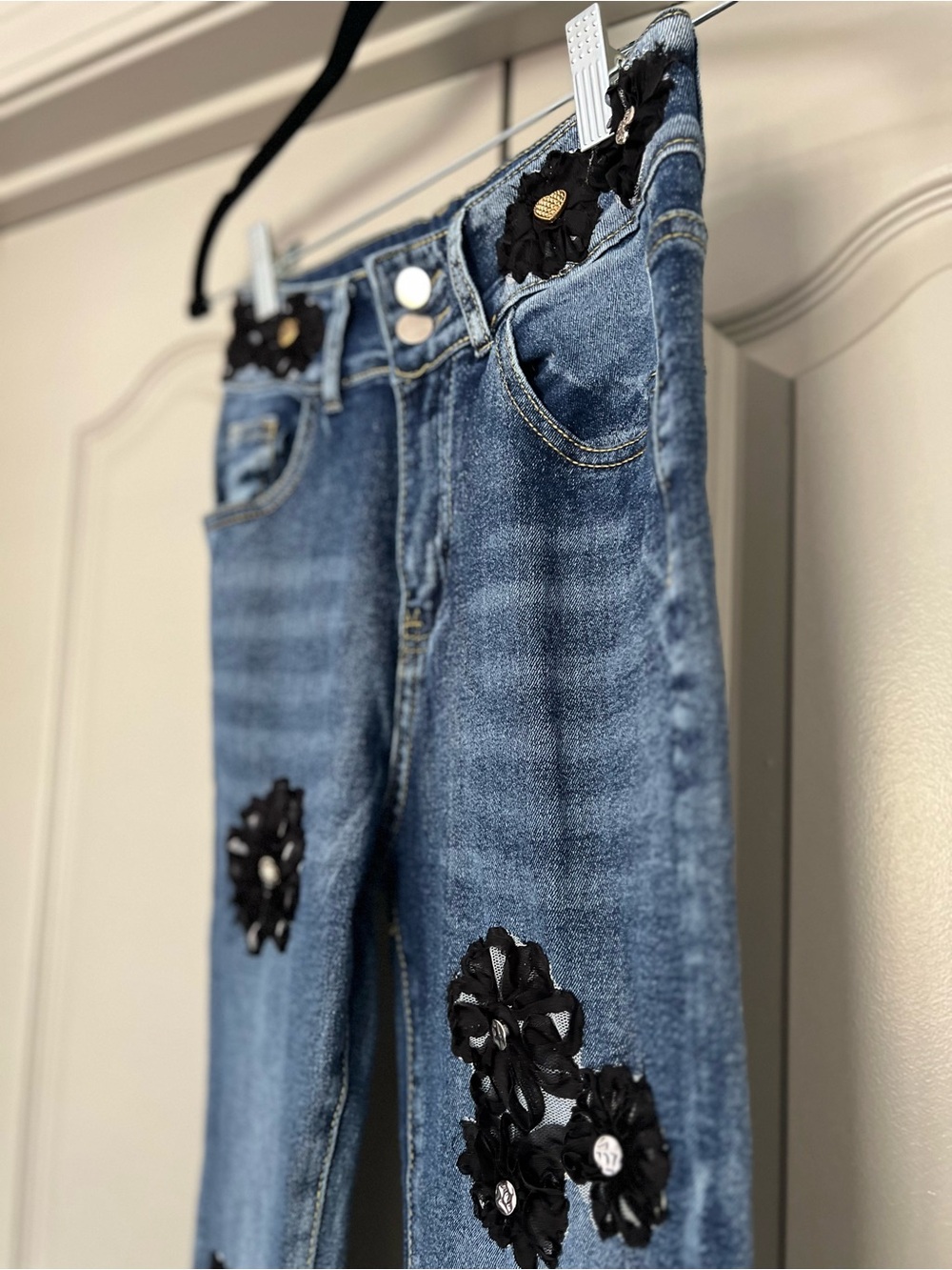 OOAK Romantic Boho Floral Appliqué Flare Jeans Lisa Skeels Original Small - Picture 5 of 8